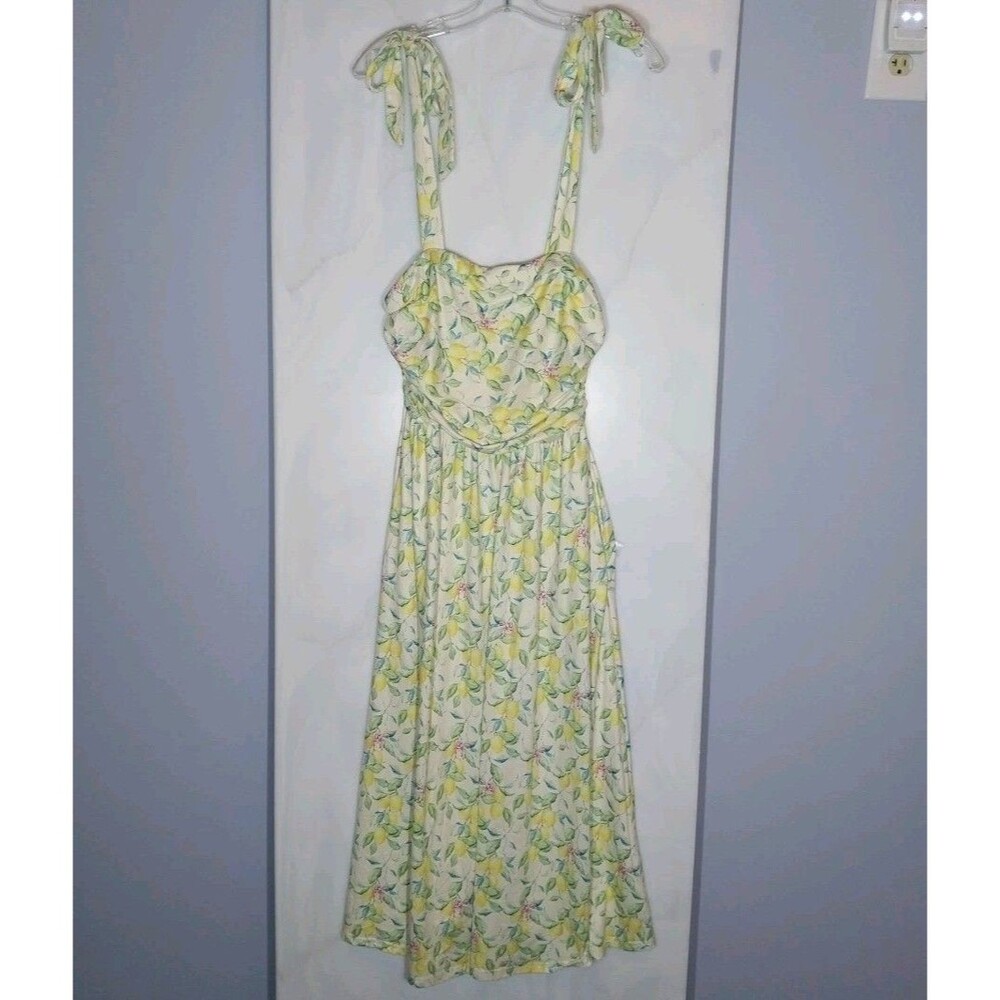 Zattcas Lemon Print Maxi Dress M Cottagecore Tie Strap Smocked Back Pockets